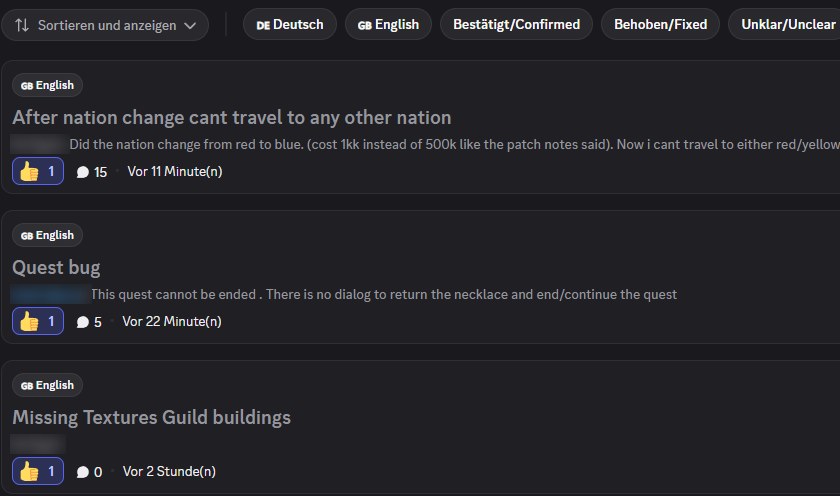 Discord-Forum bug-reports mit Beiträgen von Spielern