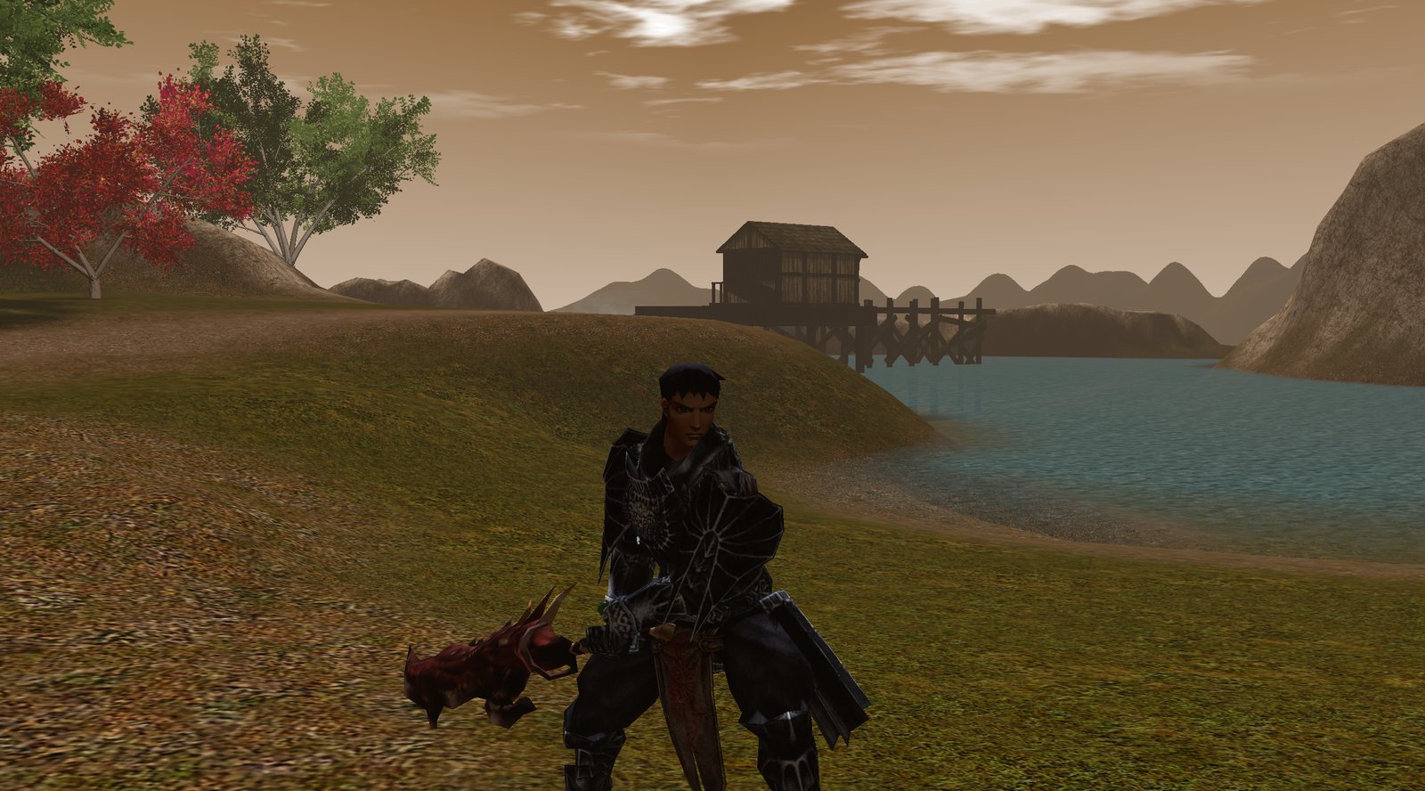 Alter Metin2-Look, Figur blickt in die Kamera, See im Abendlicht
